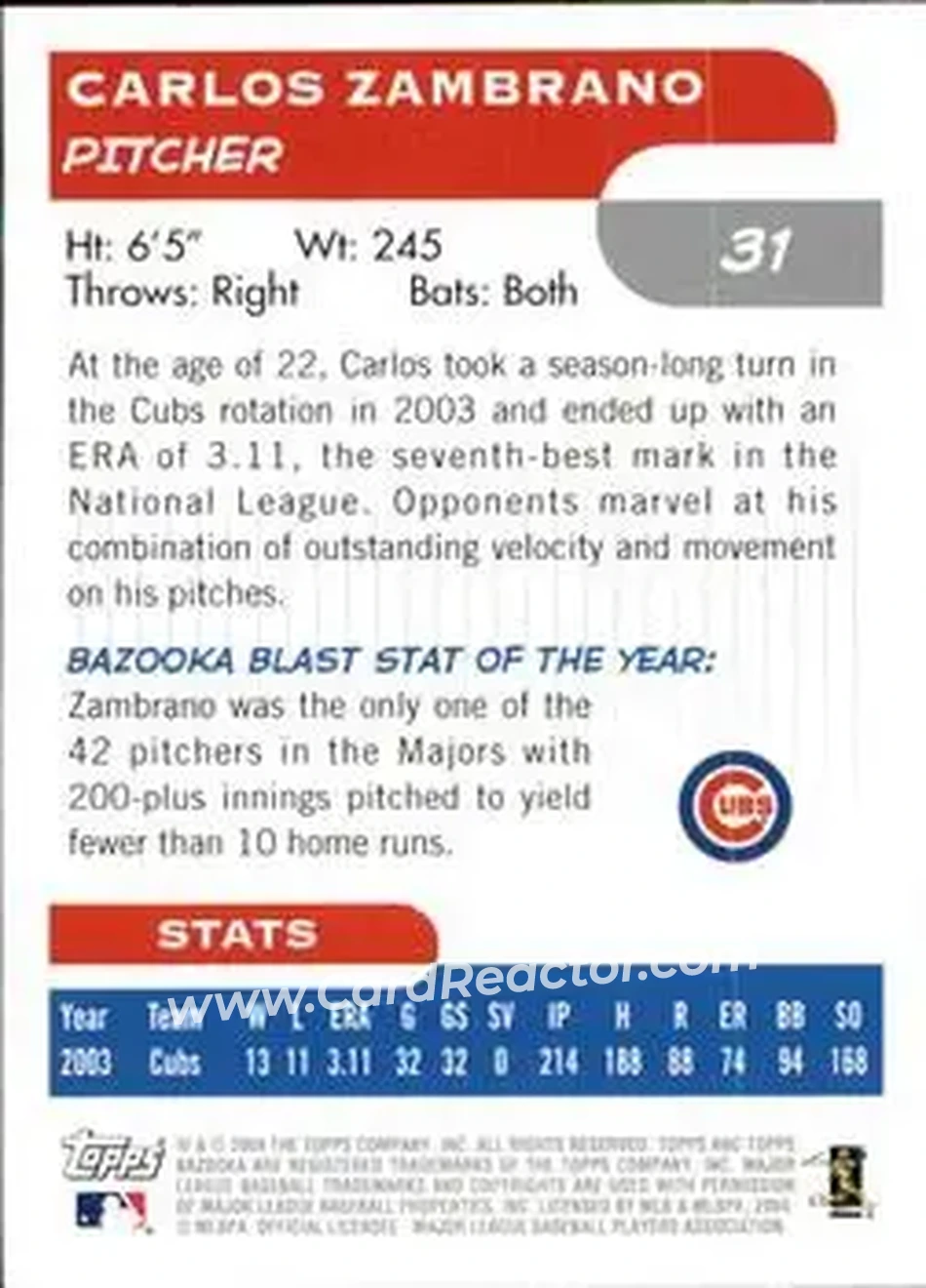 2004 Bazooka #31 - Carlos Zambrano - Chicago Cubs - Back