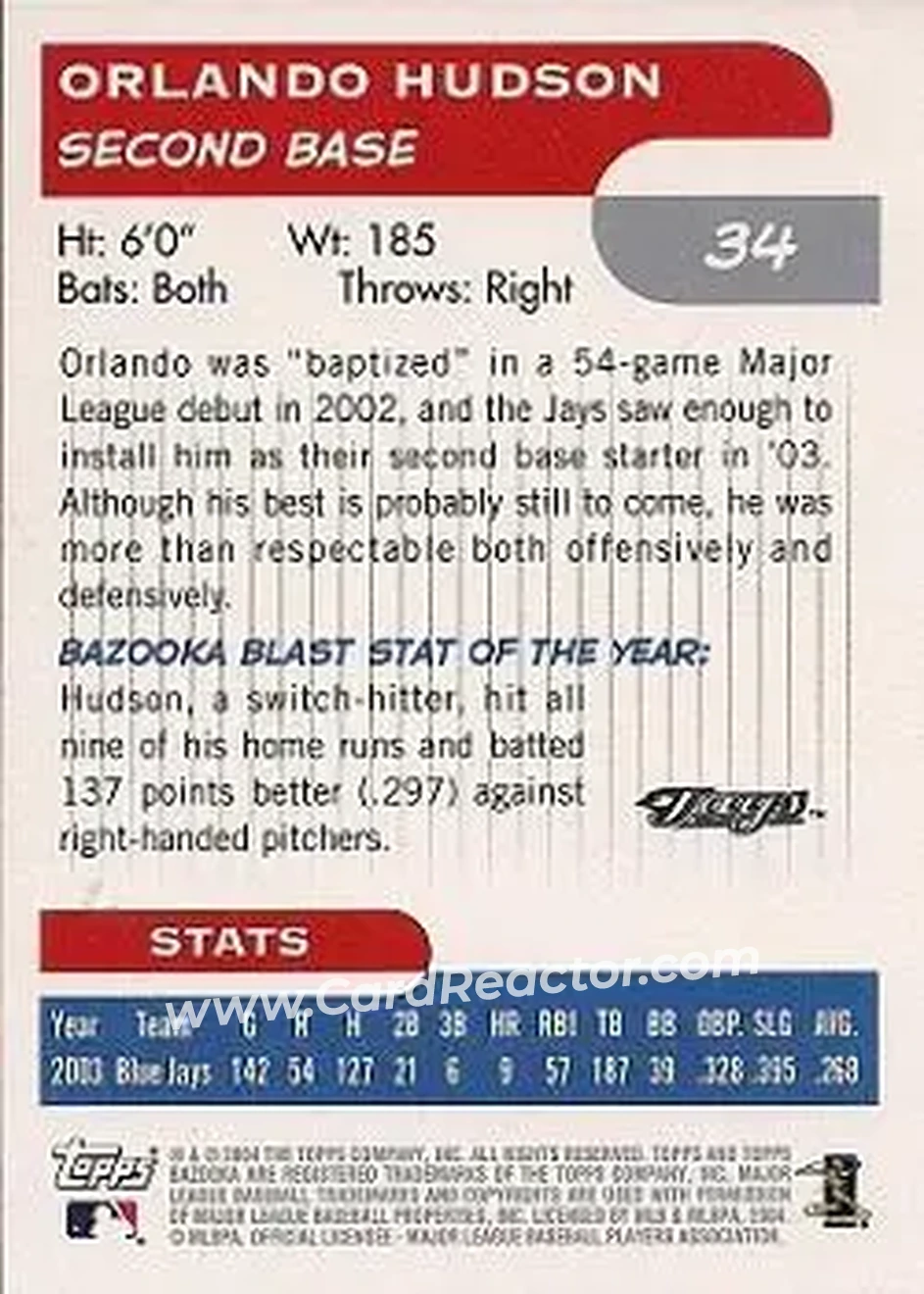 2004 Bazooka #34 - Orlando Hudson - Toronto Blue Jays - Back 2004 Bazooka #34 - Orlando Hudson - Toronto Blue Jays - Back