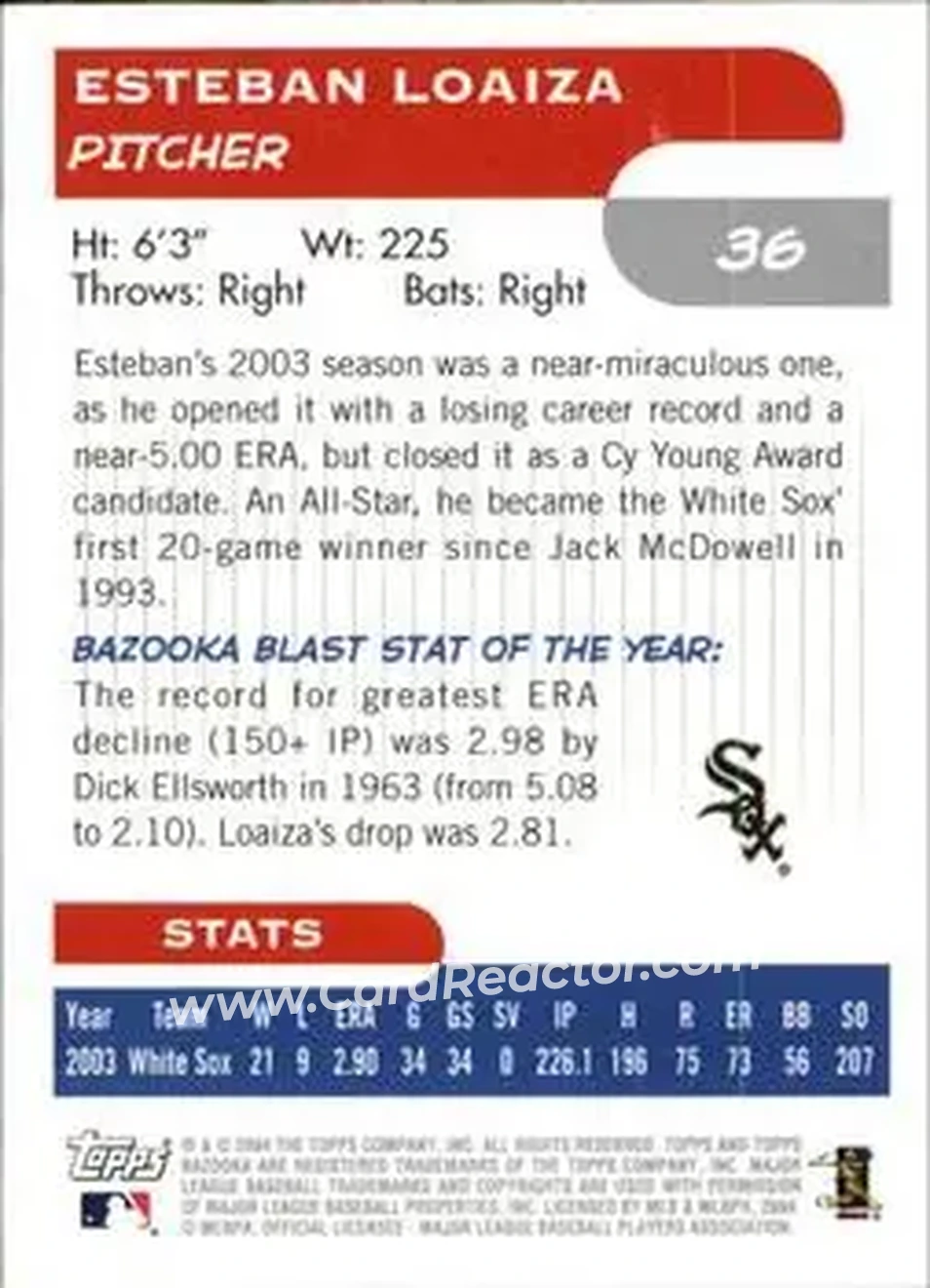 2004 Bazooka #36 - Esteban Loaiza - Chicago White Sox - Back