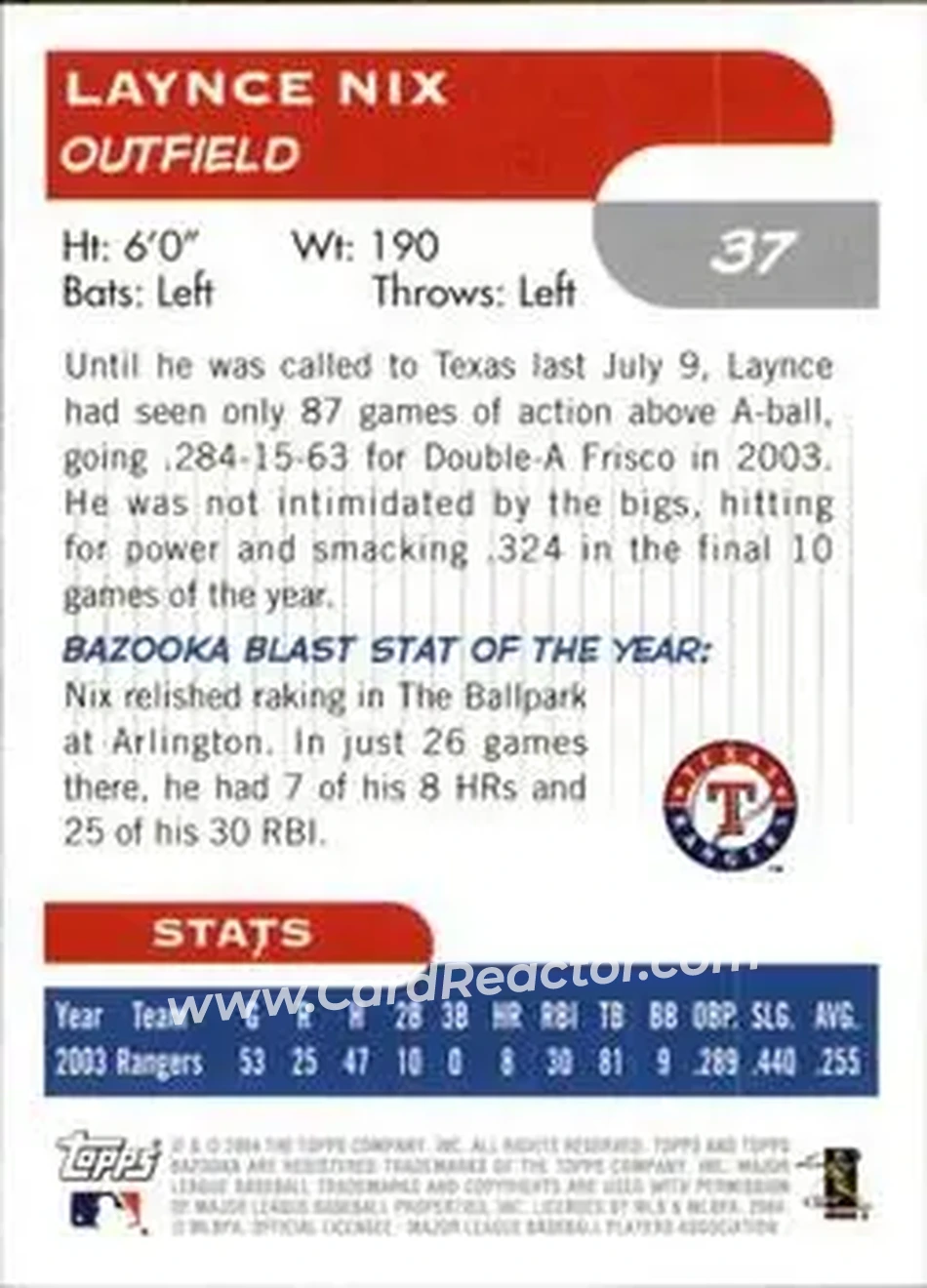 2004 Bazooka #37 - Laynce Nix - Texas Rangers - Back 2004 Bazooka #37 - Laynce Nix - Texas Rangers - Back