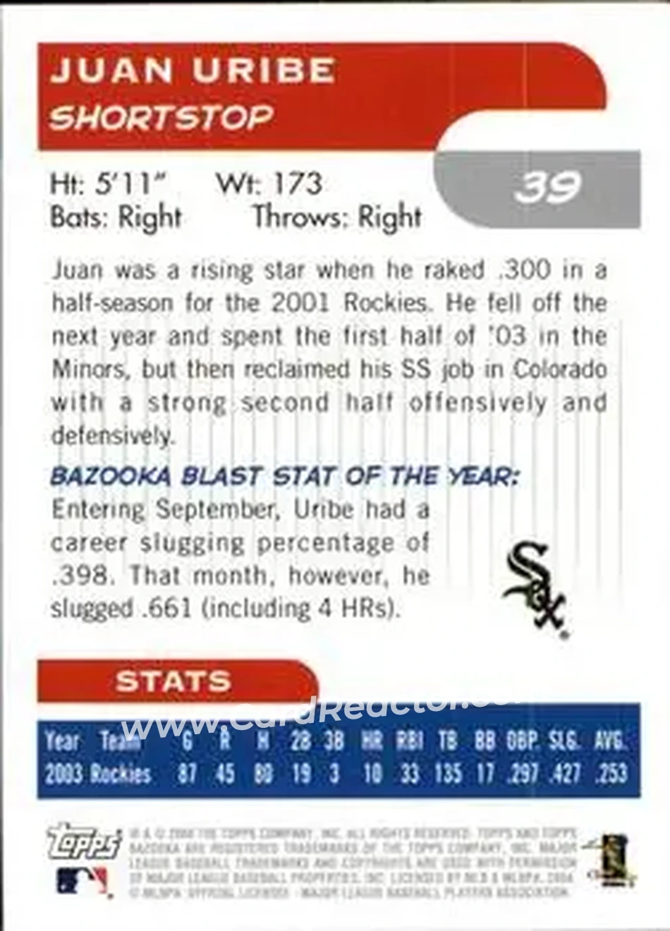 2004 Bazooka #39 - Juan Uribe - Chicago White Sox - Back