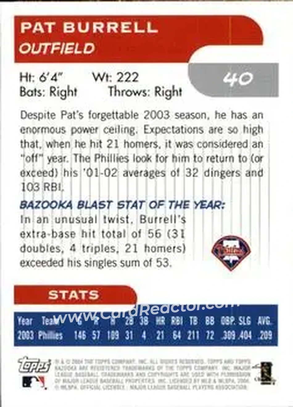 2004 Bazooka #40 - Pat Burrell - Philadelphia Phillies - Back