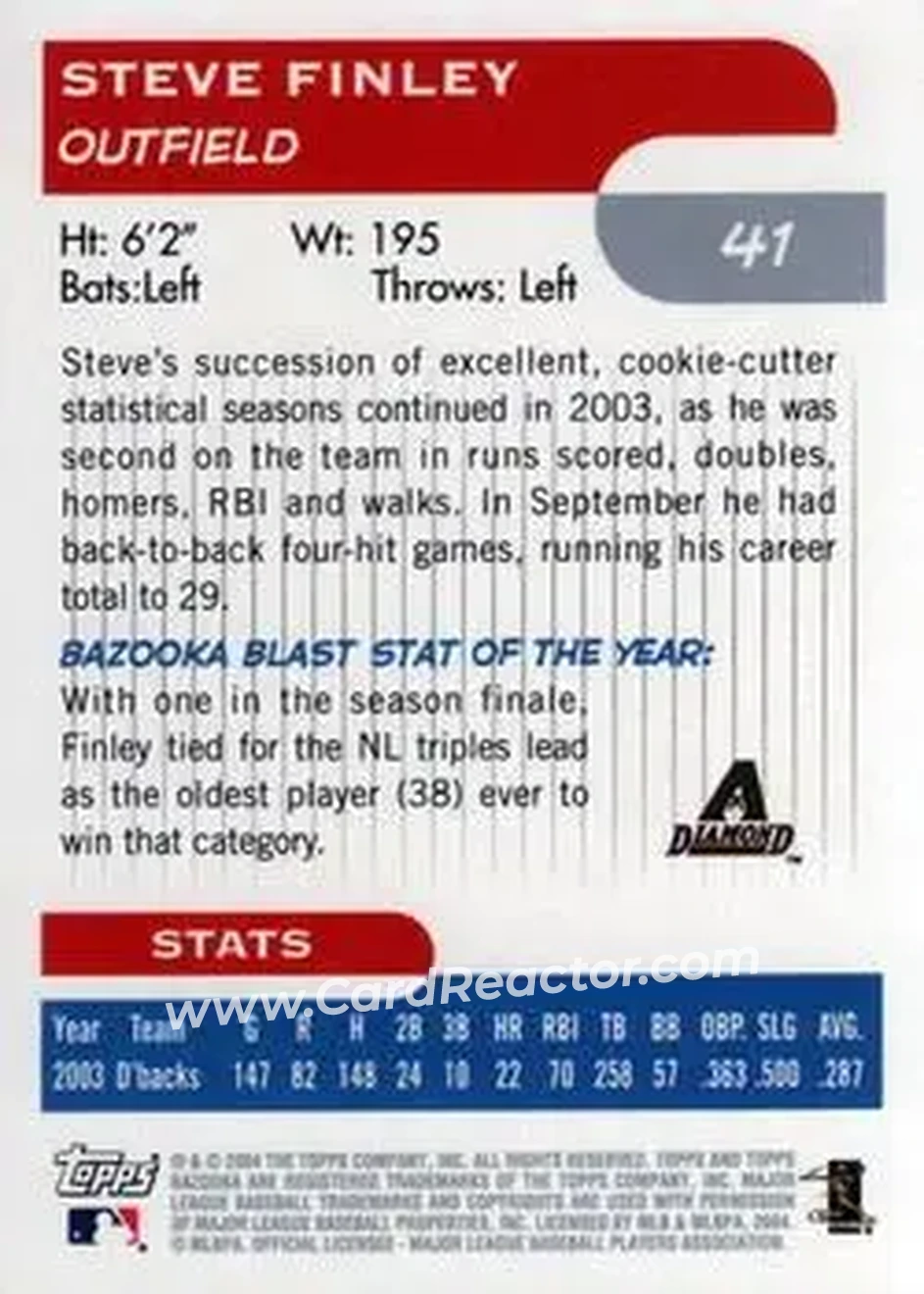 2004 Bazooka #41 - Steve Finley - Arizona Diamondbacks - Back