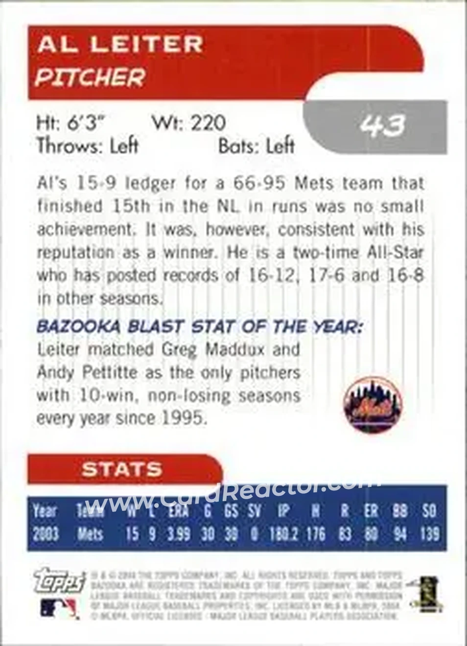 2004 Bazooka #43 - Al Leiter - New York Mets - Back 2004 Bazooka #43 - Al Leiter - New York Mets - Back