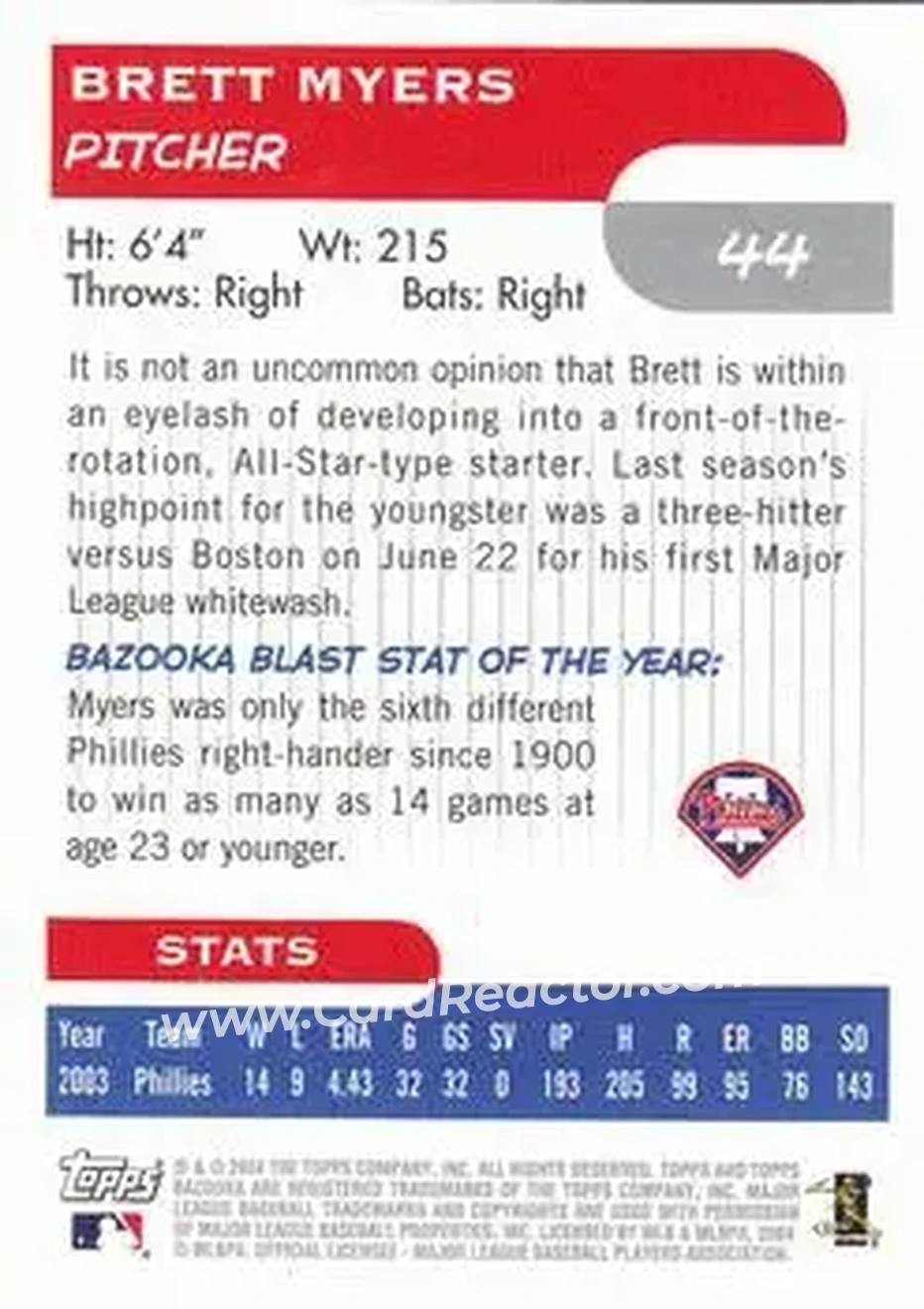 2004 Bazooka #44 - Brett Myers - Philadelphia Phillies - Back