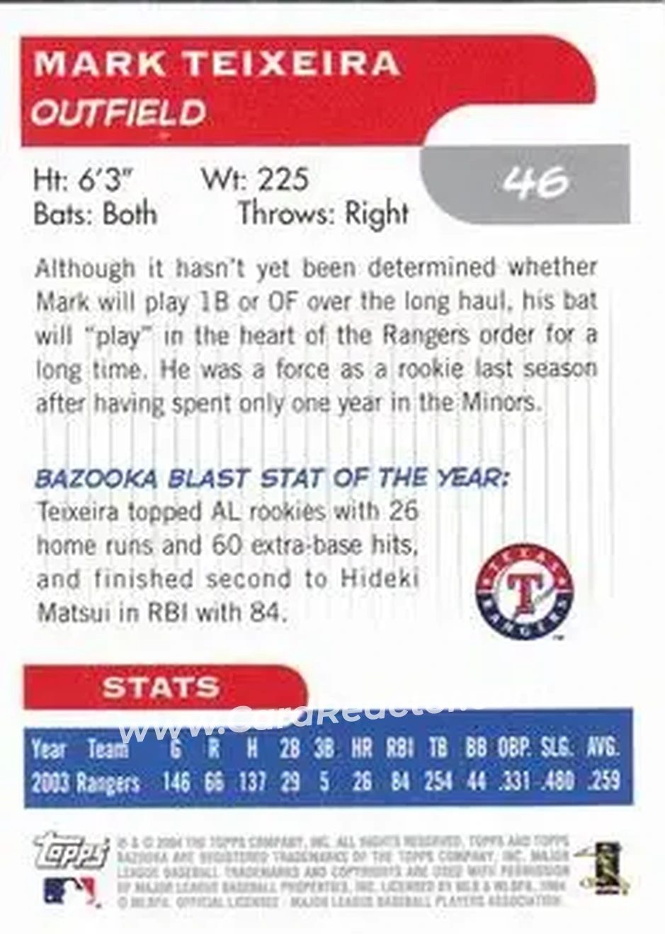 2004 Bazooka #46 - Mark Teixeira - Texas Rangers - Back 2004 Bazooka #46 - Mark Teixeira - Texas Rangers - Back
