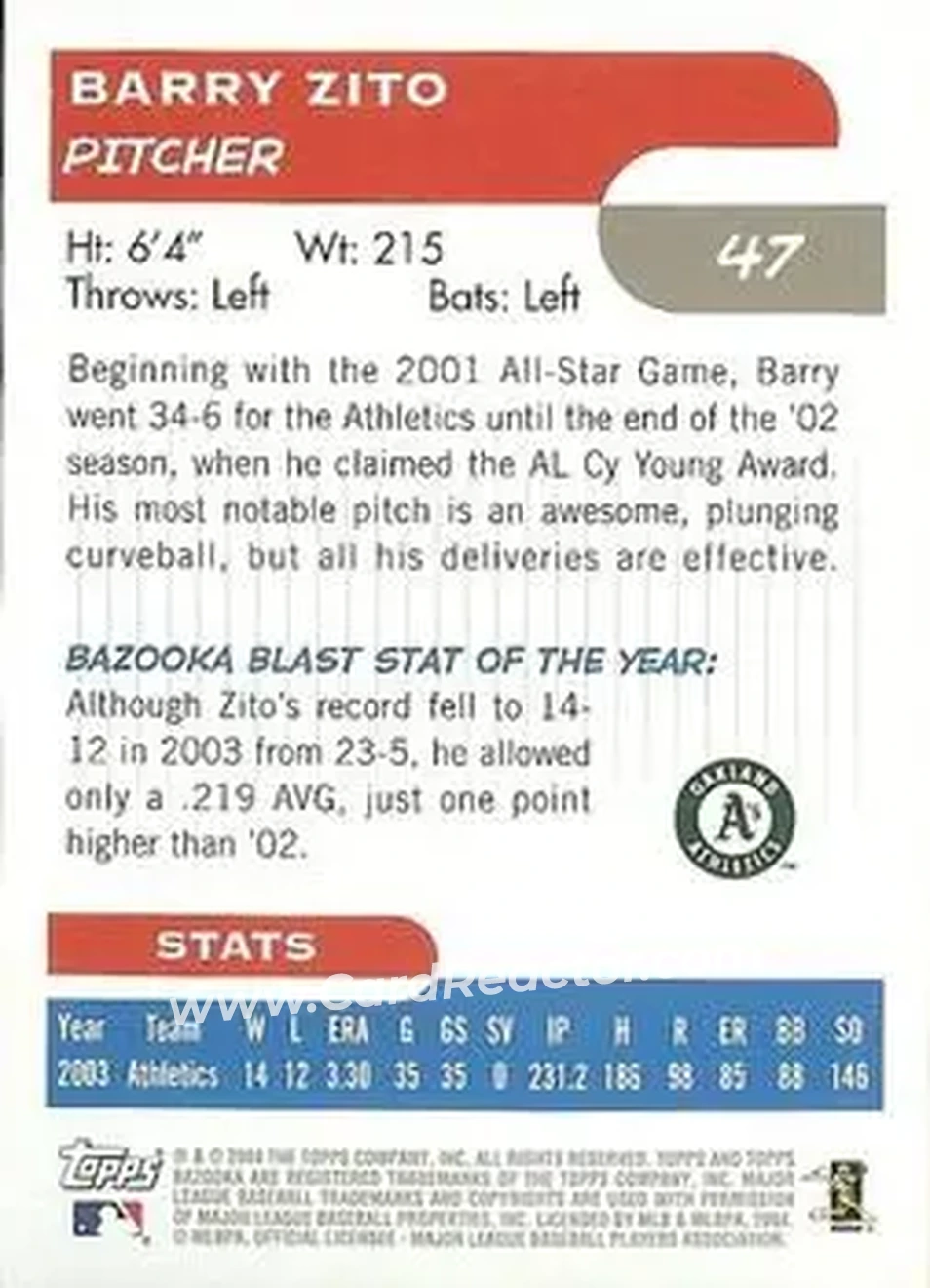 2004 Bazooka #47 - Barry Zito - Oakland Athletics - Back
