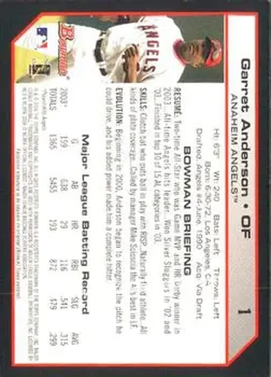 2004 Bowman #1 - Garret Anderson - Anaheim Angels - Back