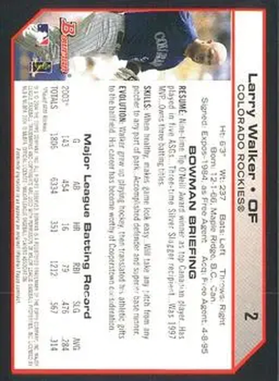 2004 Bowman #2 - Larry Walker - Colorado Rockies - Back