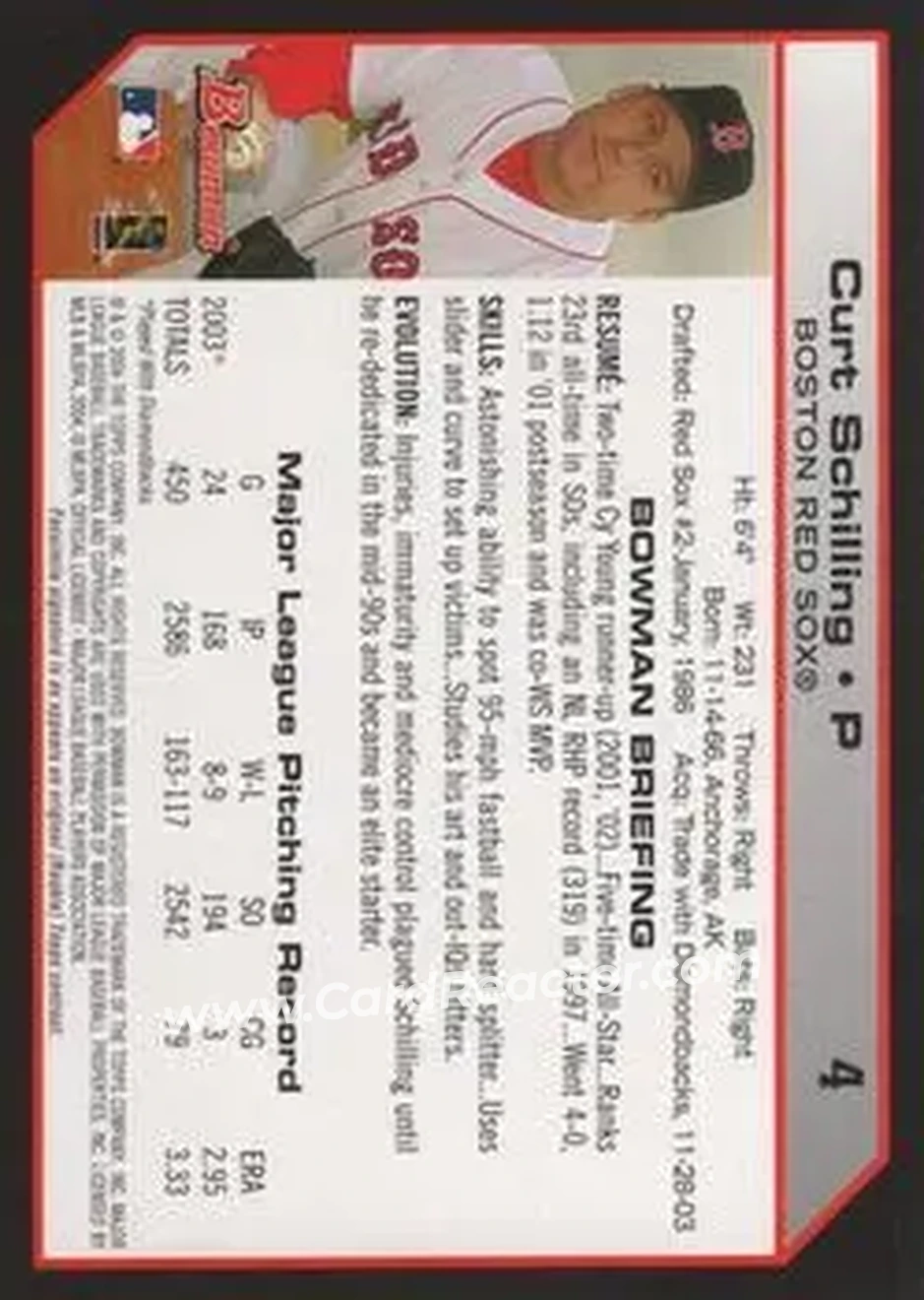 2004 Bowman #4 - Curt Schilling - Boston Red Sox - Back