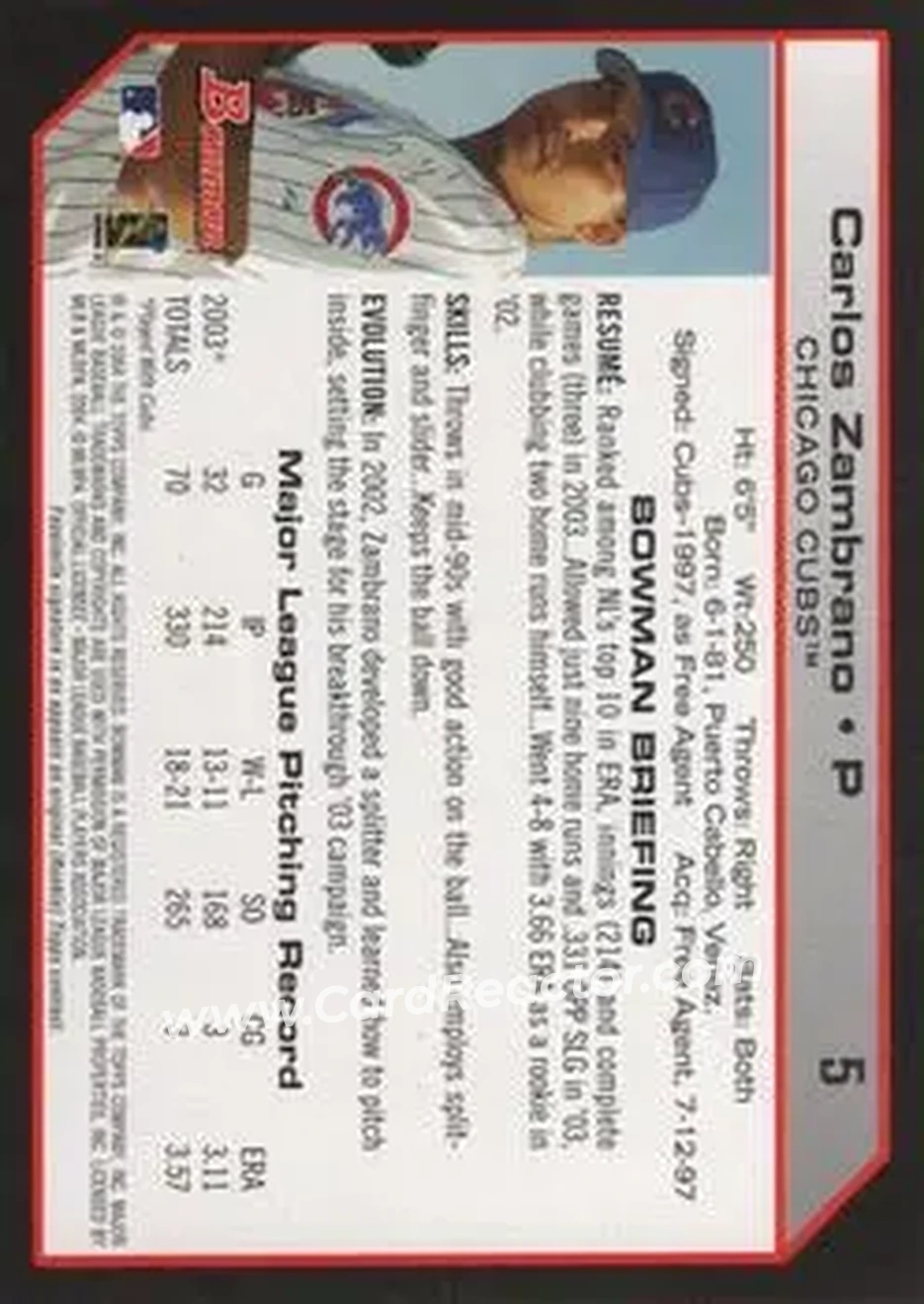 2004 Bowman #5 - Carlos Zambrano - Chicago Cubs - Back