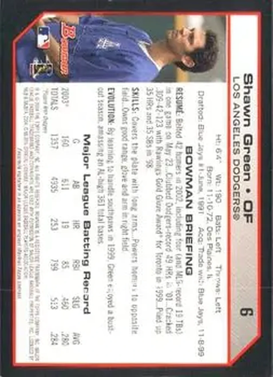 2004 Bowman #6 - Shawn Green - Los Angeles Dodgers - Back