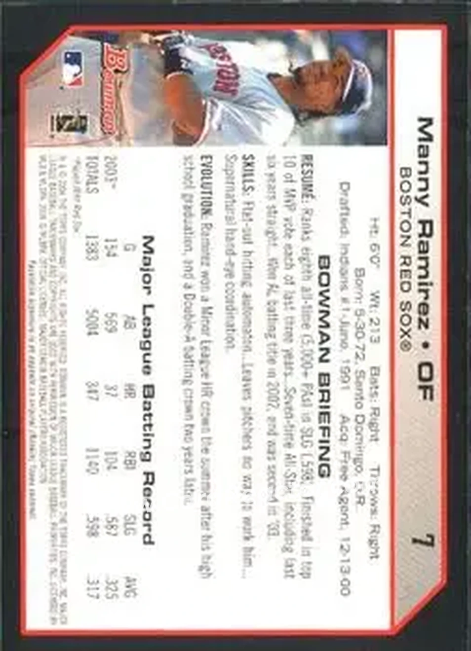 2004 Bowman #7 - Manny Ramirez - Boston Red Sox - Back 2004 Bowman #7 - Manny Ramirez - Boston Red Sox - Back