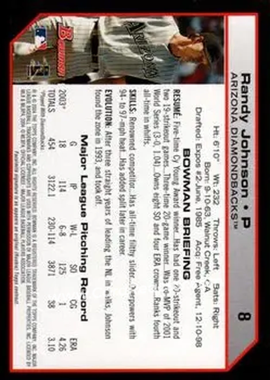2004 Bowman #8 - Randy Johnson - Arizona Diamondbacks - Back