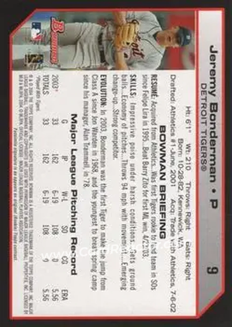 2004 Bowman #9 - Jeremy Bonderman - Detroit Tigers - Back