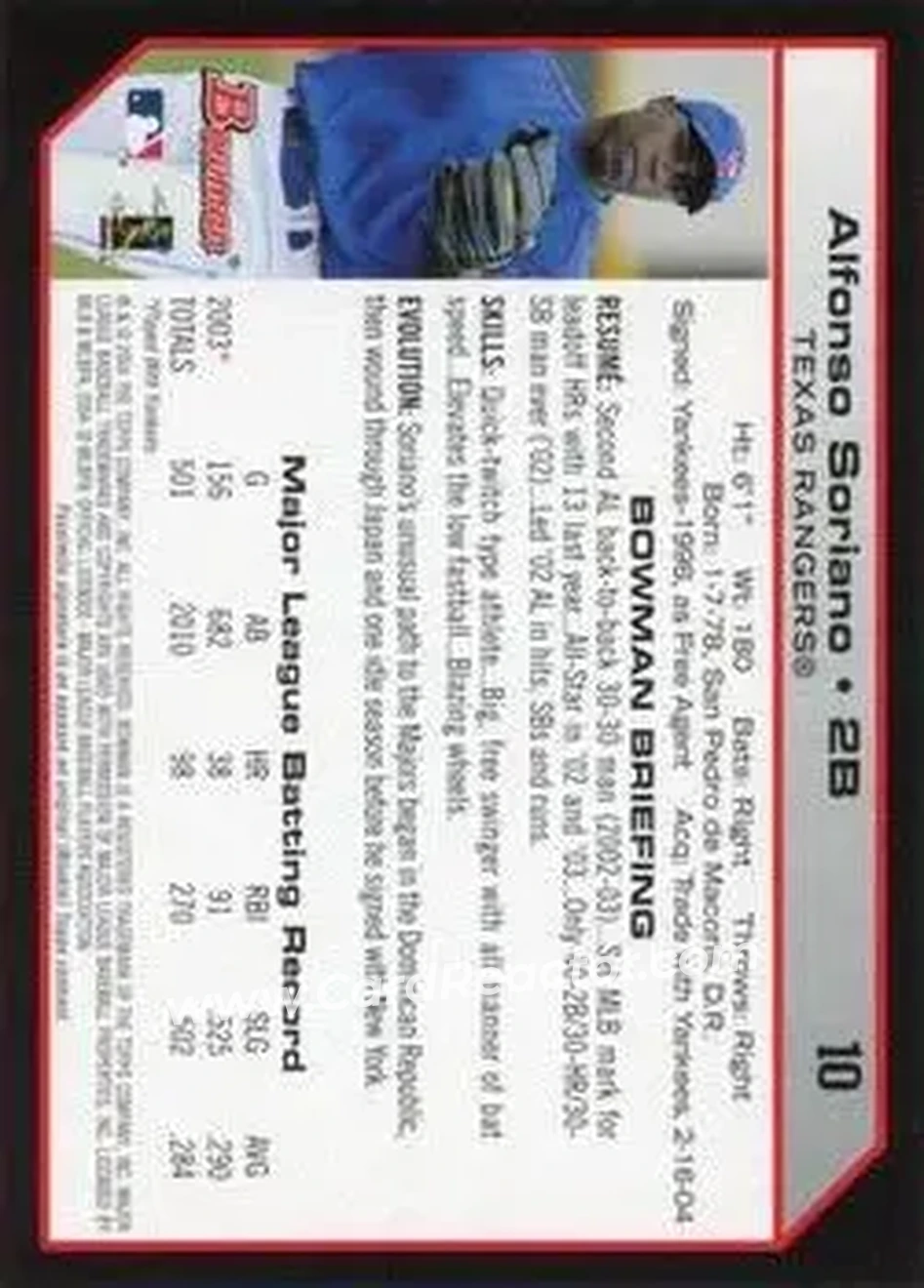 2004 Bowman #10 - Alfonso Soriano - Texas Rangers - Back
