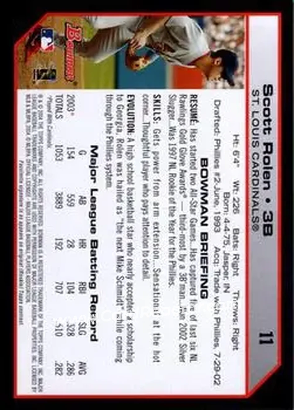 2004 Bowman #11 - Scott Rolen - St. Louis Cardinals - Back