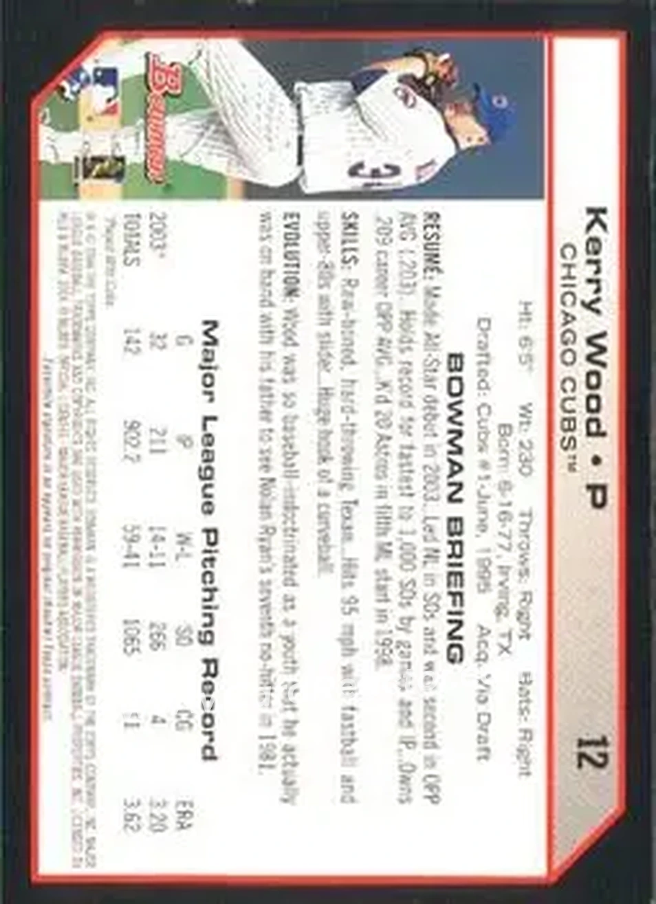 2004 Bowman #12 - Kerry Wood - Chicago Cubs - Back