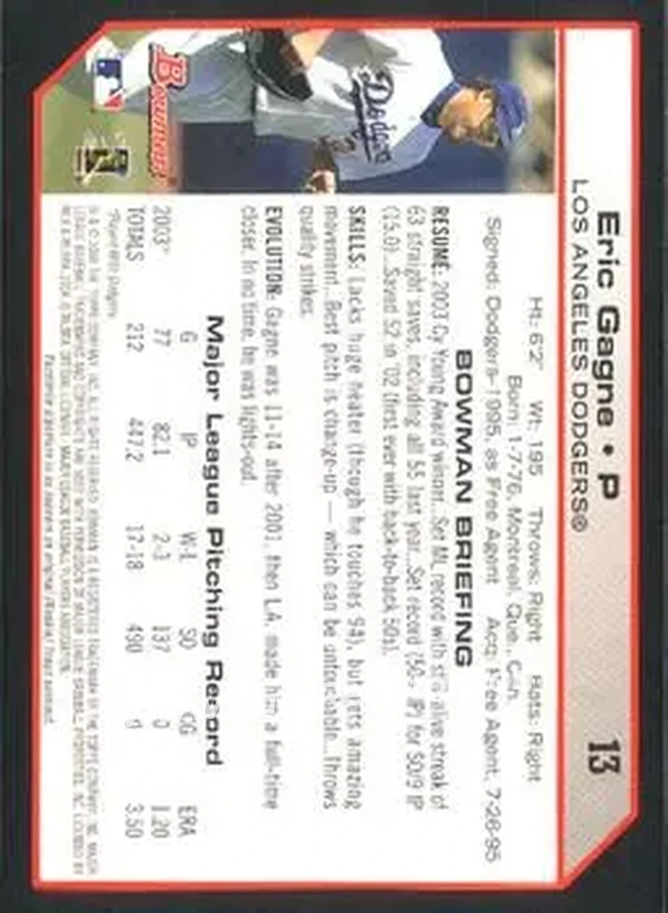 2004 Bowman #13 - Eric Gagne - Los Angeles Dodgers - Back