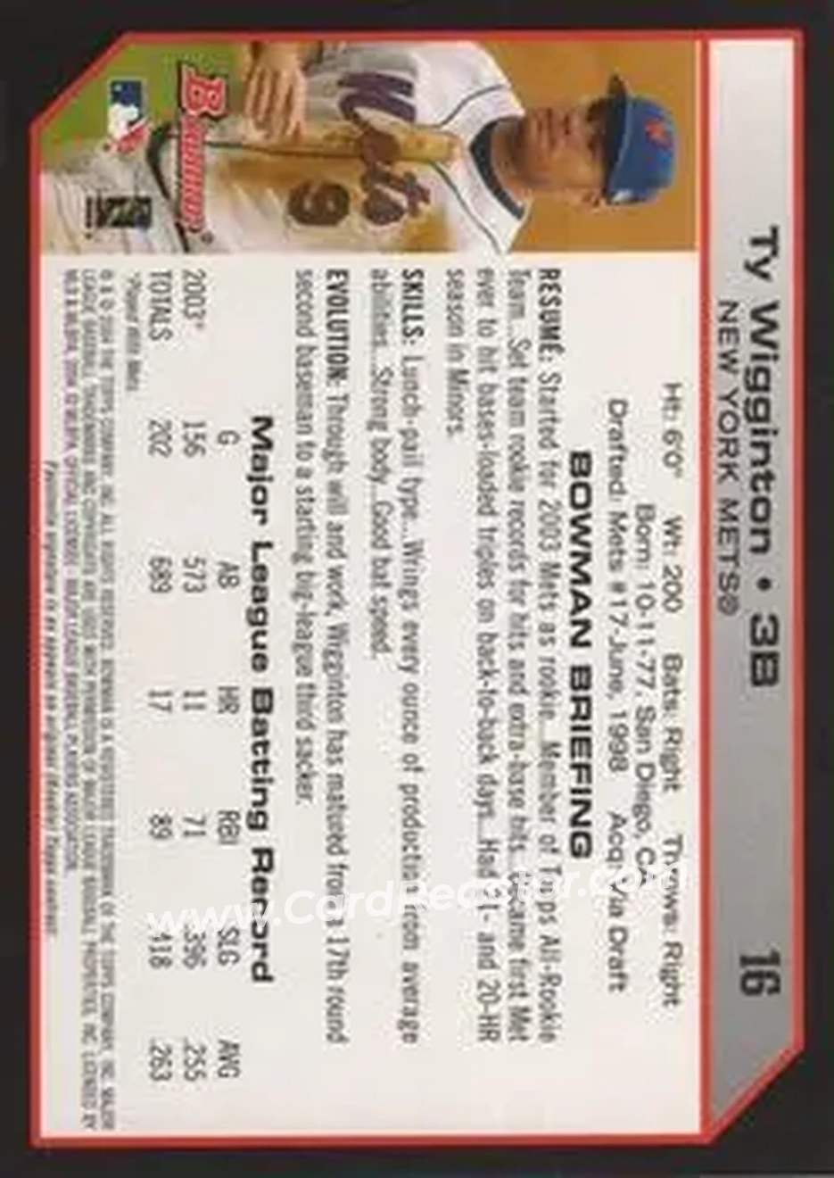 2004 Bowman #16 - Ty Wigginton - New York Mets - Back