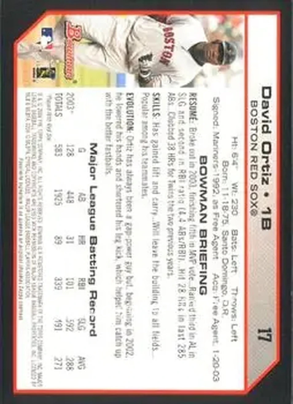 2004 Bowman #17 - David Ortiz - Boston Red Sox - Back
