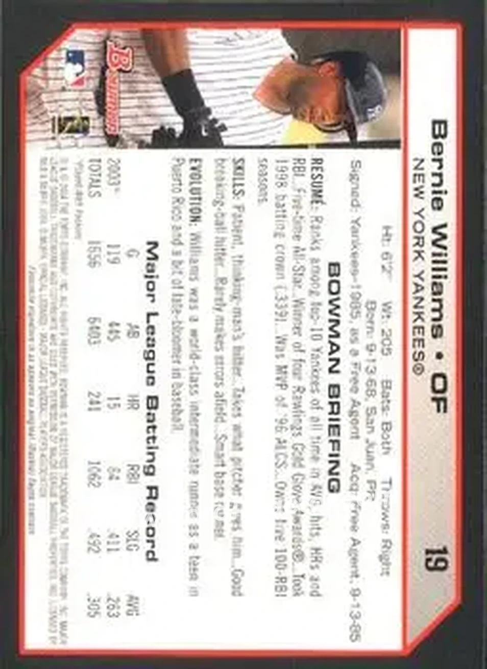 2004 Bowman #19 - Bernie Williams - New York Yankees - Back 2004 Bowman #19 - Bernie Williams - New York Yankees - Back