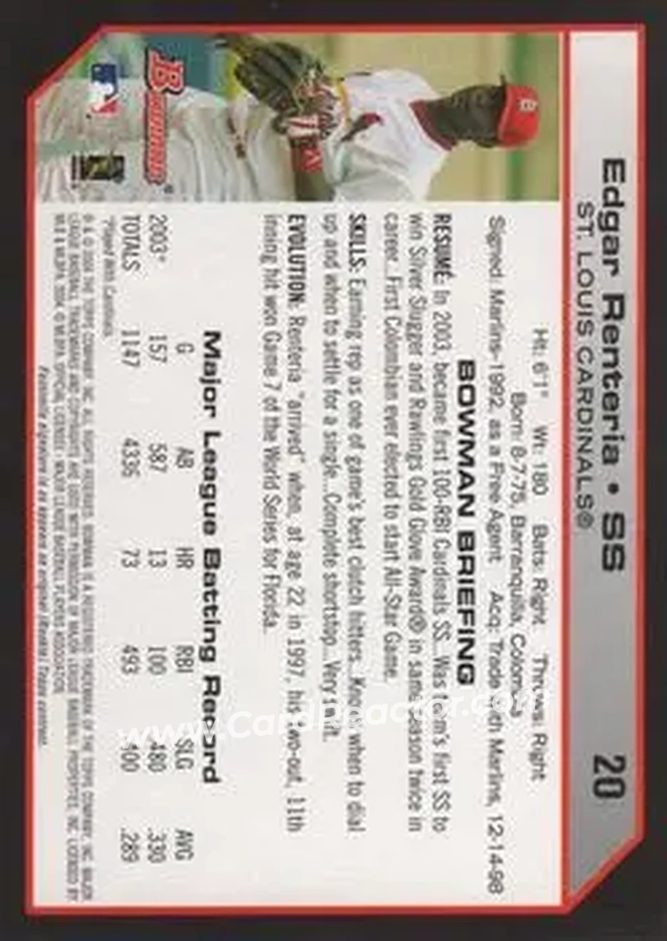 2004 Bowman #20 - Edgar Renteria - St. Louis Cardinals - Back