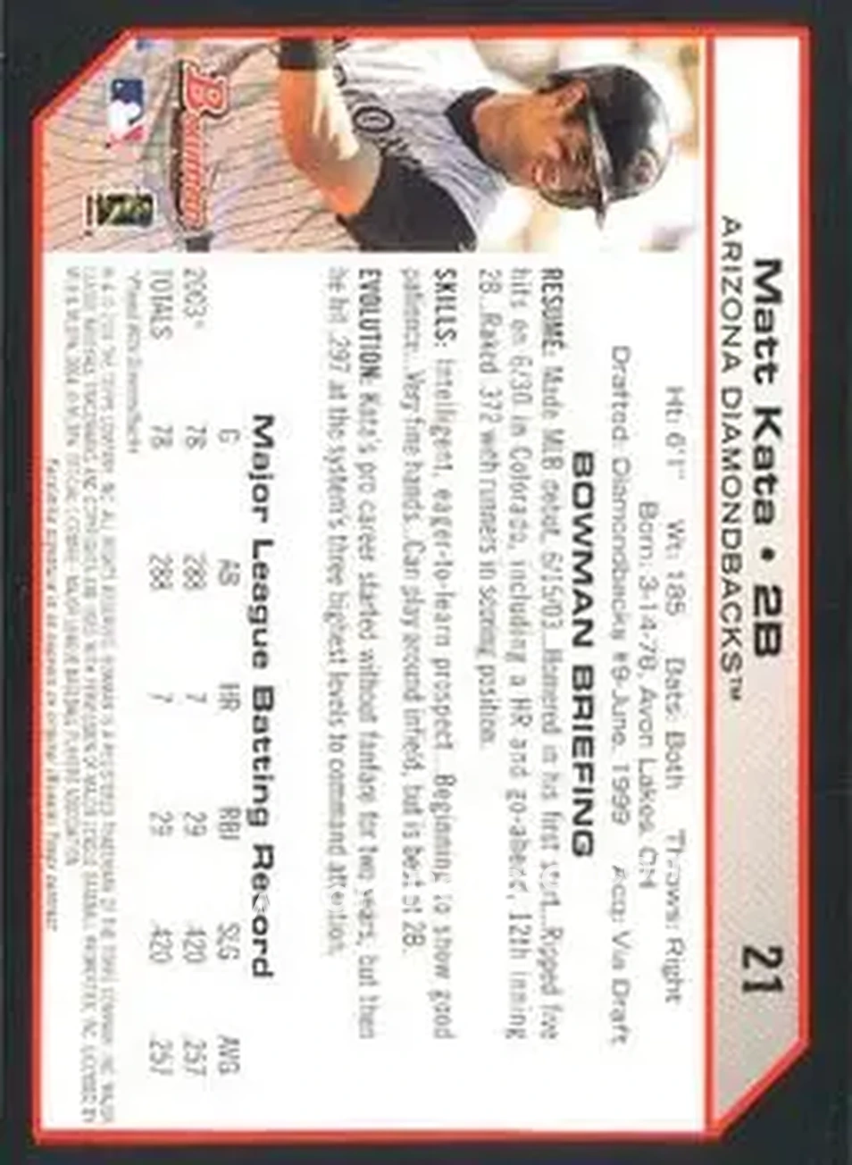 2004 Bowman #21 - Matt Kata - Arizona Diamondbacks - Back