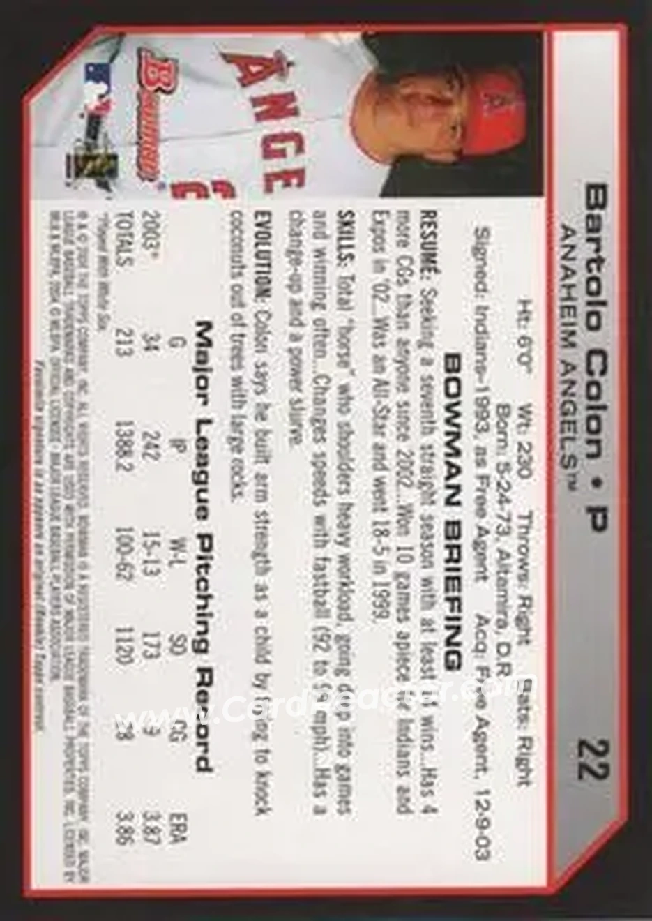 2004 Bowman #22 - Bartolo Colon - Anaheim Angels - Back