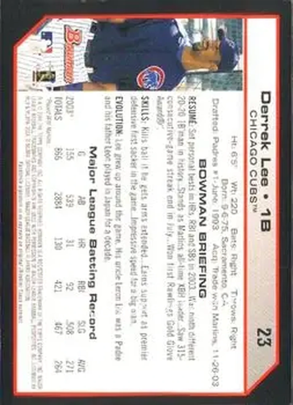 2004 Bowman #23 - Derrek Lee - Chicago Cubs - Back