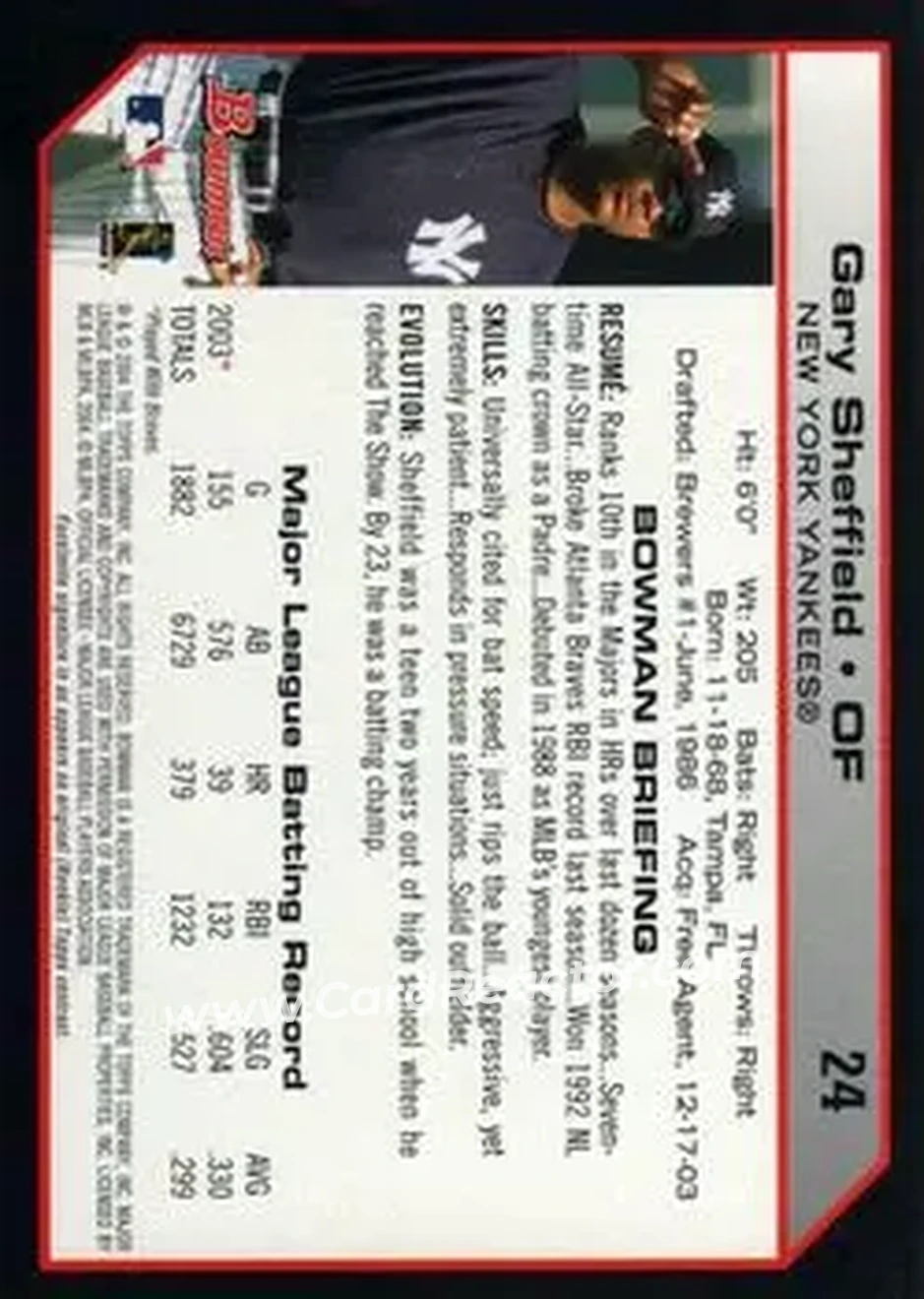 2004 Bowman #24 - Gary Sheffield - New York Yankees - Back