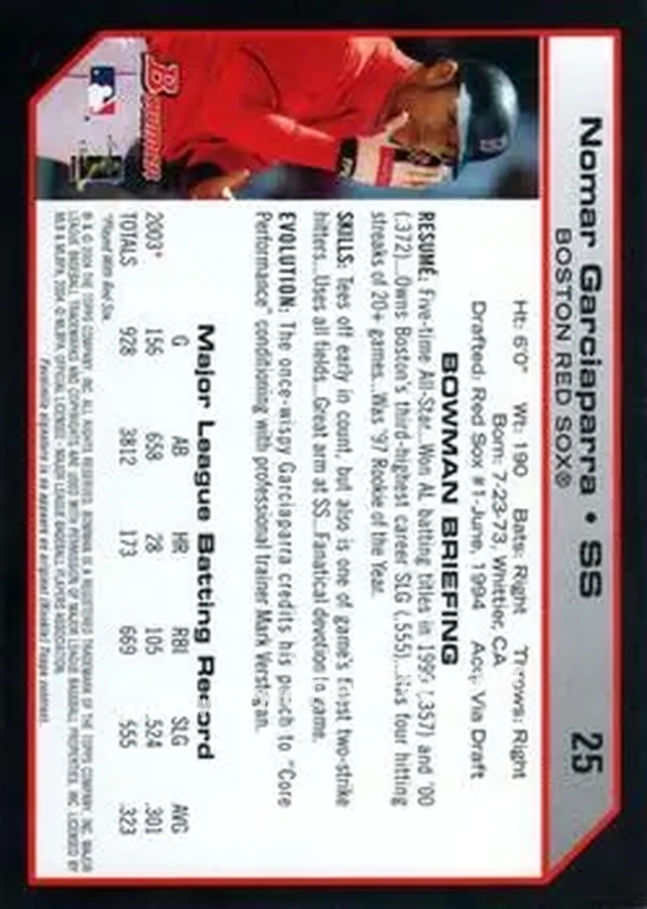 2004 Bowman #25 - Nomar Garciaparra - Boston Red Sox - Back
