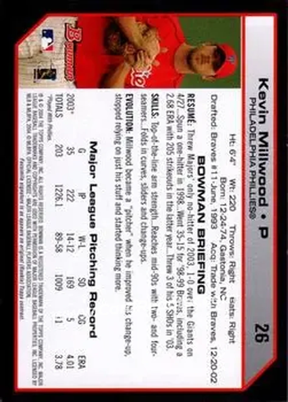 2004 Bowman #26 - Kevin Millwood - Philadelphia Phillies - Back
