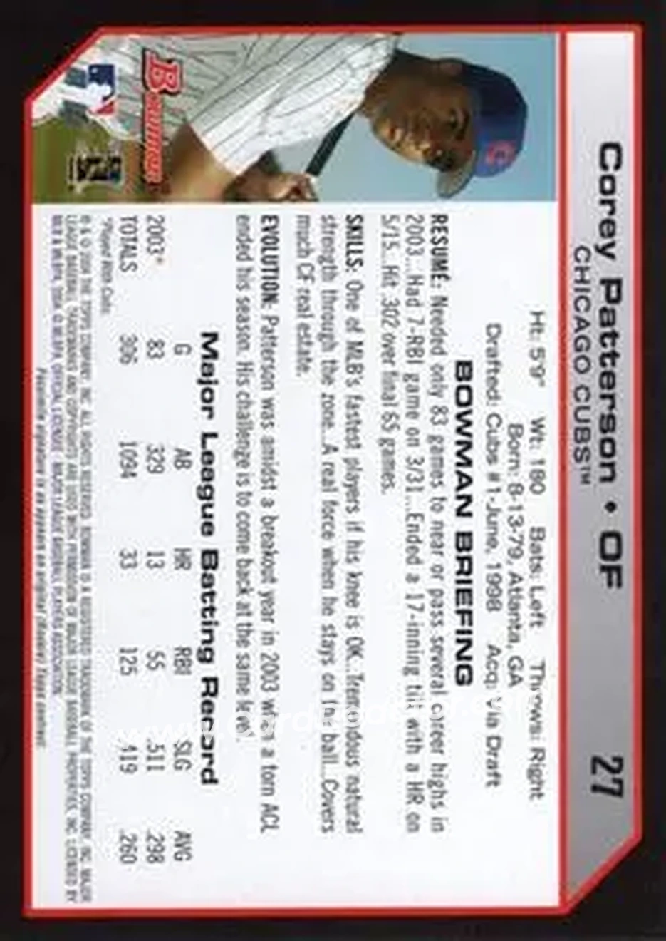 2004 Bowman #27 - Corey Patterson - Chicago Cubs - Back