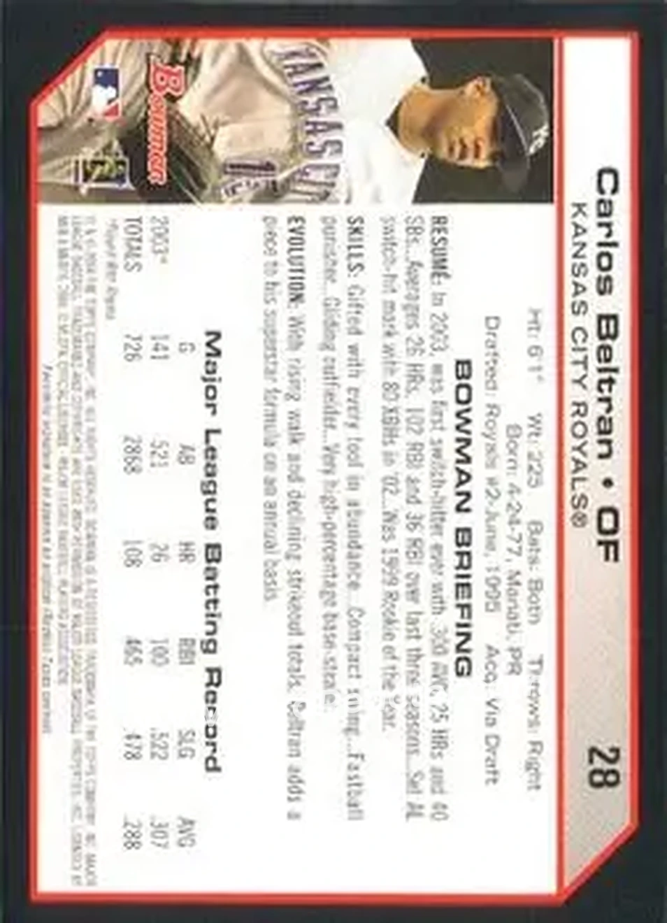 2004 Bowman #28 - Carlos Beltran - Kansas City Royals - Back