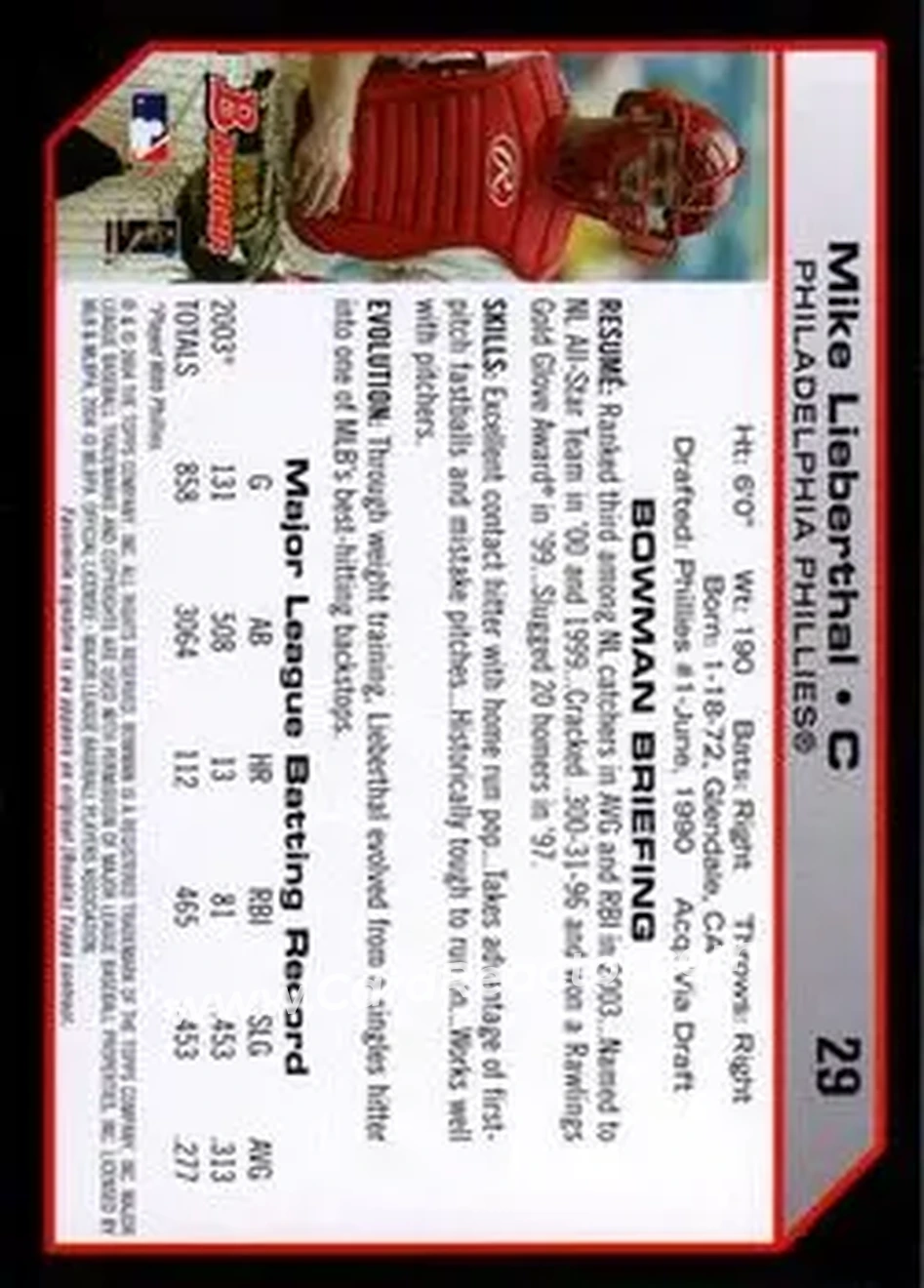 2004 Bowman #29 - Mike Lieberthal - Philadelphia Phillies - Back