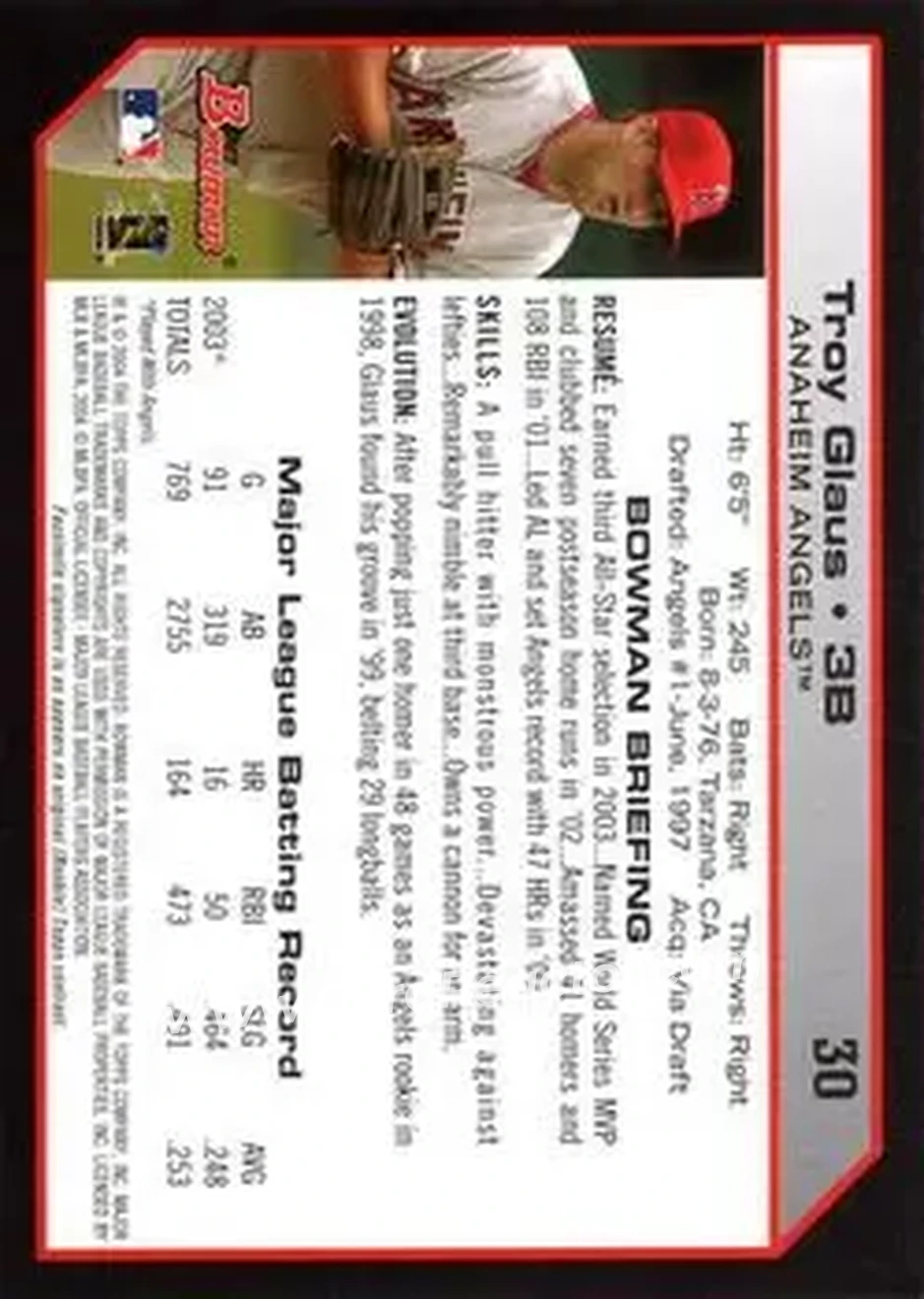2004 Bowman #30 - Troy Glaus - Anaheim Angels - Back