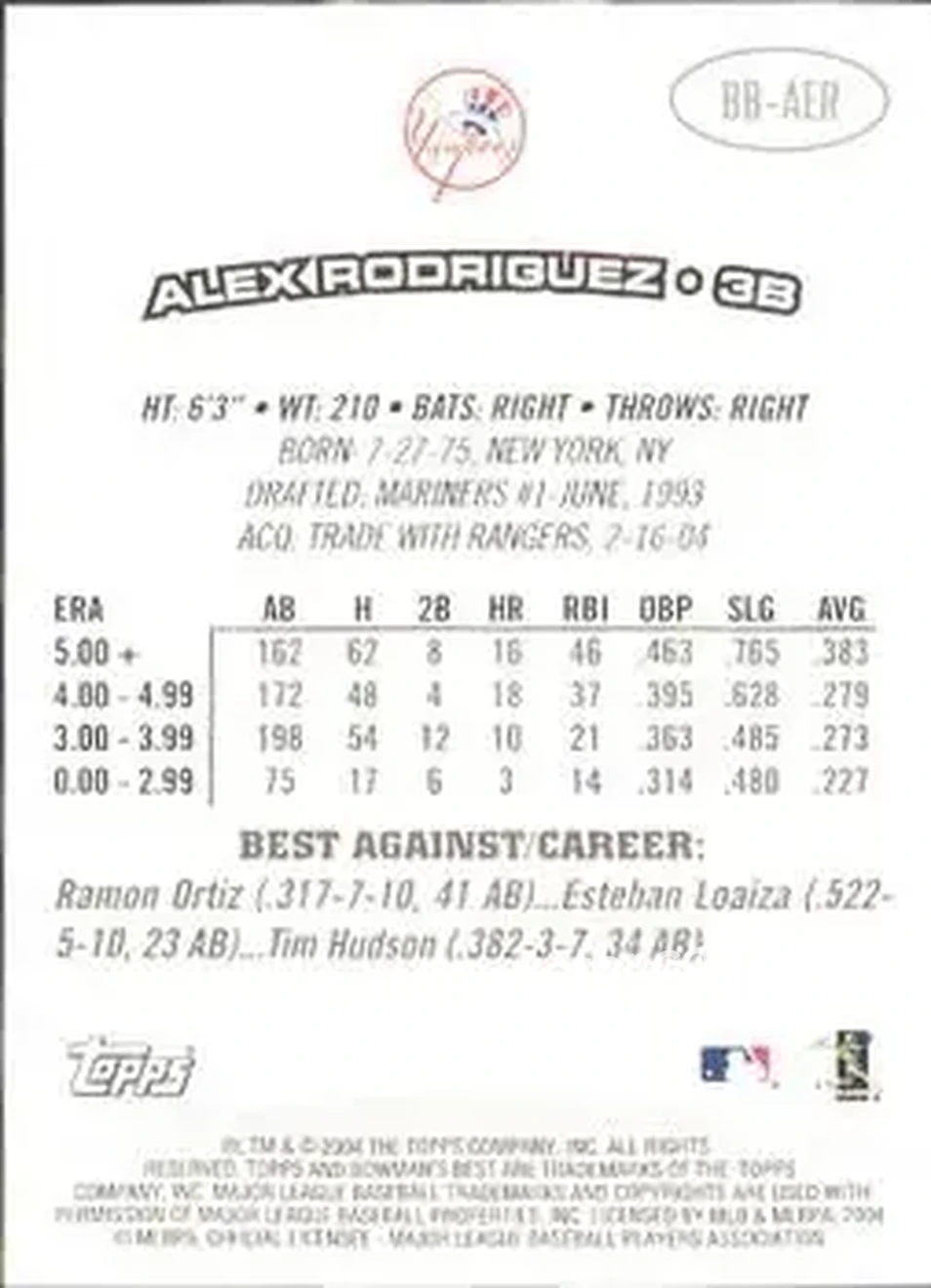 2004 Bowman's Best #BB-AER - Alex Rodriguez - New York Yankees - Back 2004 Bowman's Best #BB-AER - Alex Rodriguez - New York Yankees - Back