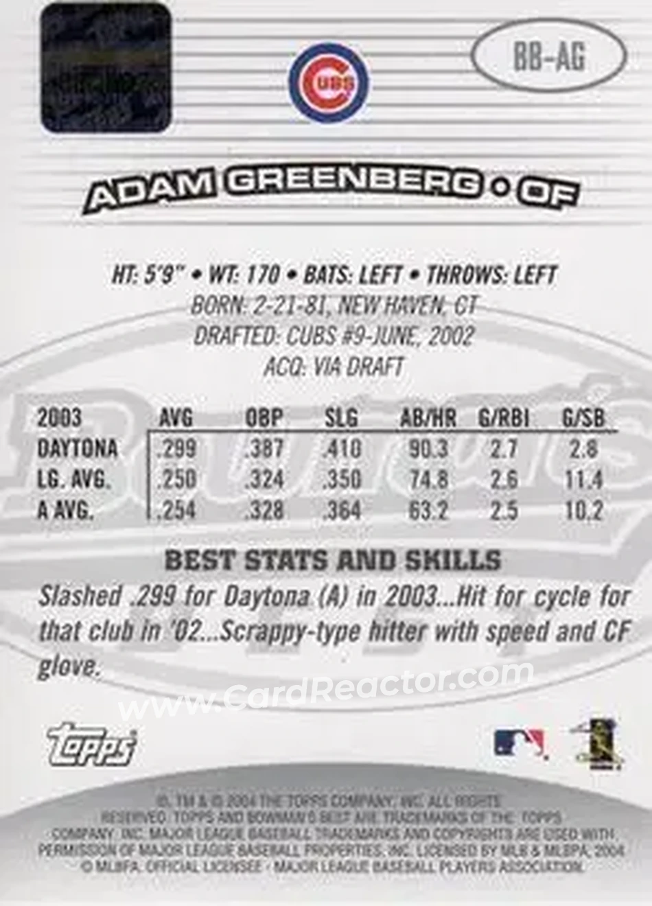 2004 Bowman's Best #BB-AG - Adam Greenberg - Chicago Cubs - Back