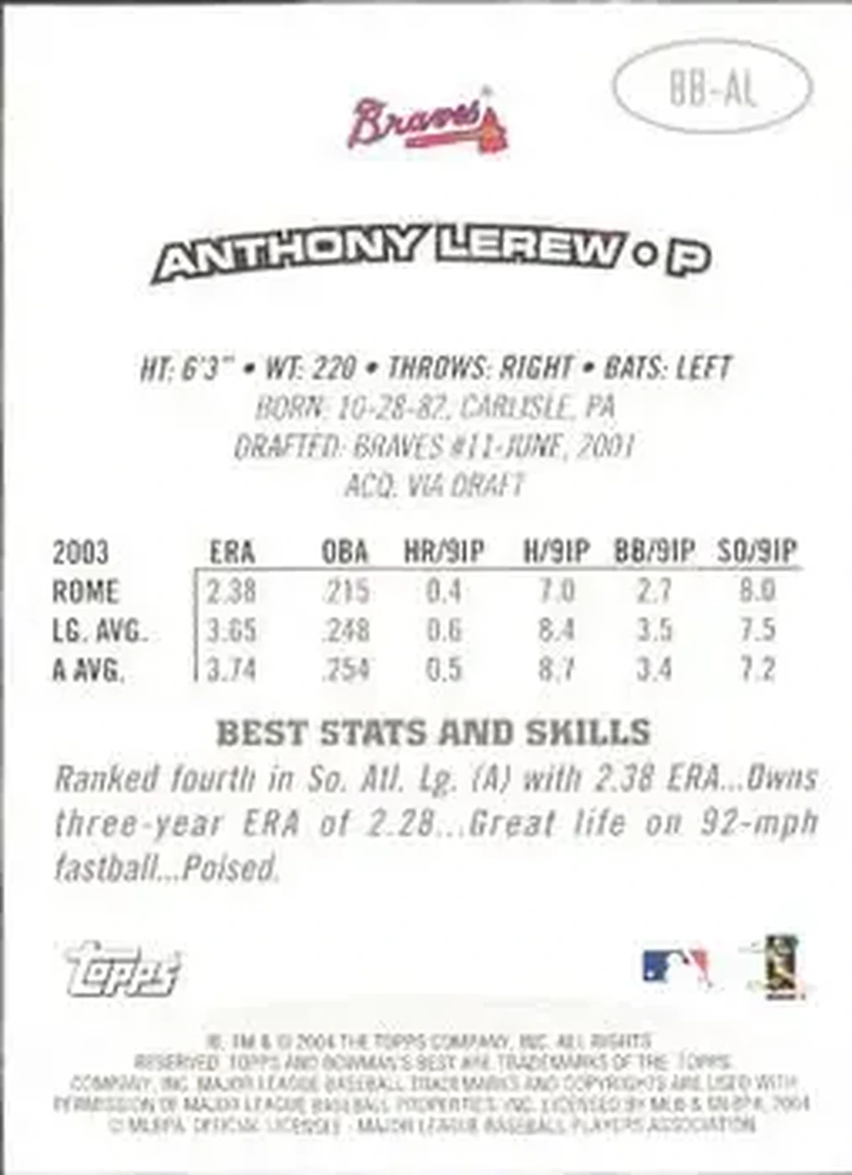 2004 Bowman's Best #BB-AL - Anthony Lerew - Atlanta Braves - Back