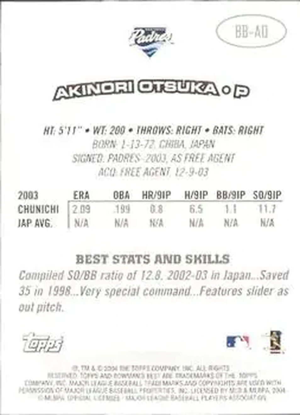 2004 Bowman's Best #BB-AO - Akinori Otsuka - San Diego Padres - Back