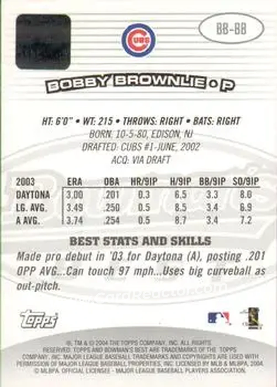 2004 Bowman's Best #BB-BB - Bobby Brownlie - Chicago Cubs - Back