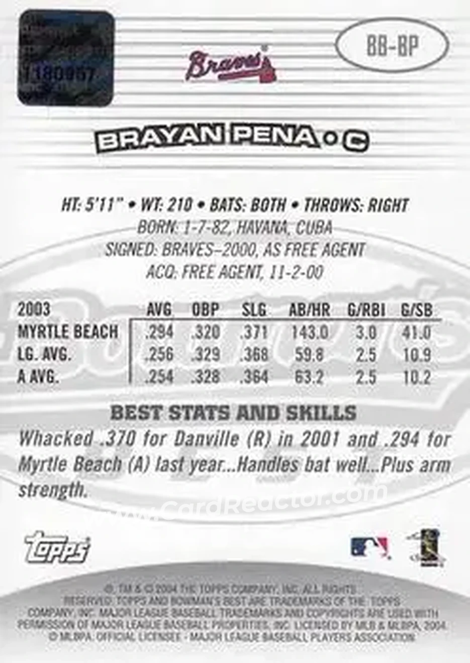 2004 Bowman's Best #BB-BP - Brayan Pena - Atlanta Braves - Back
