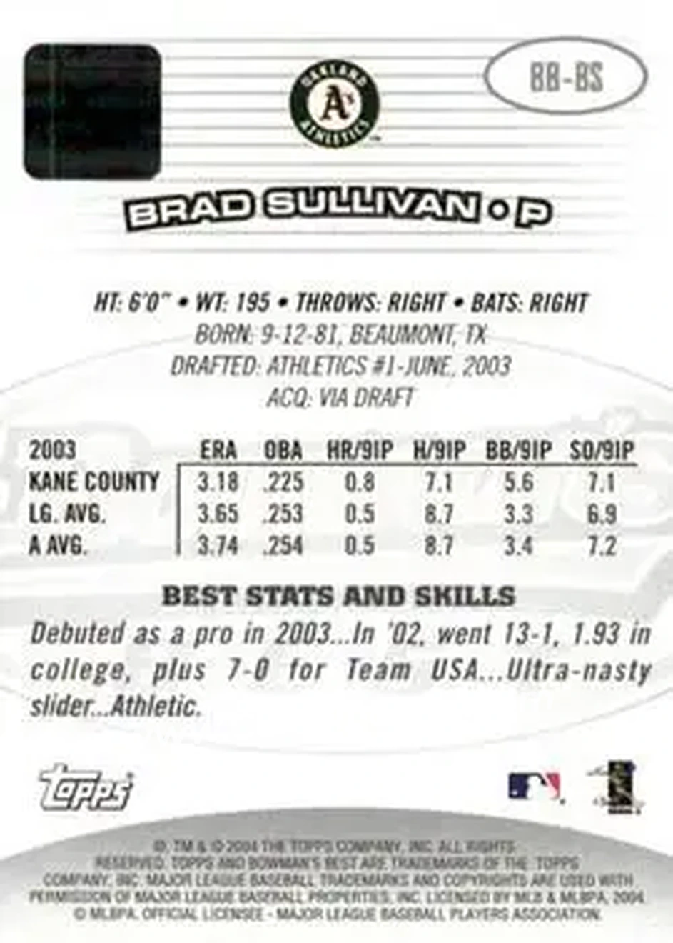 2004 Bowman's Best #BB-BS - Brad Sullivan - Oakland Athletics - Back