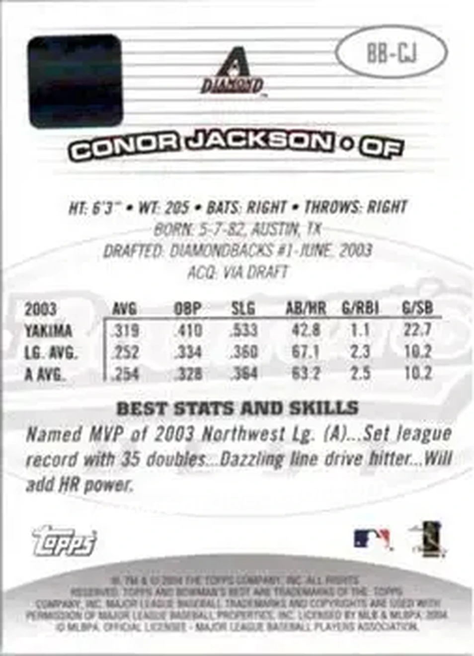 2004 Bowman's Best #BB-CJ - Conor Jackson - Arizona Diamondbacks - Back