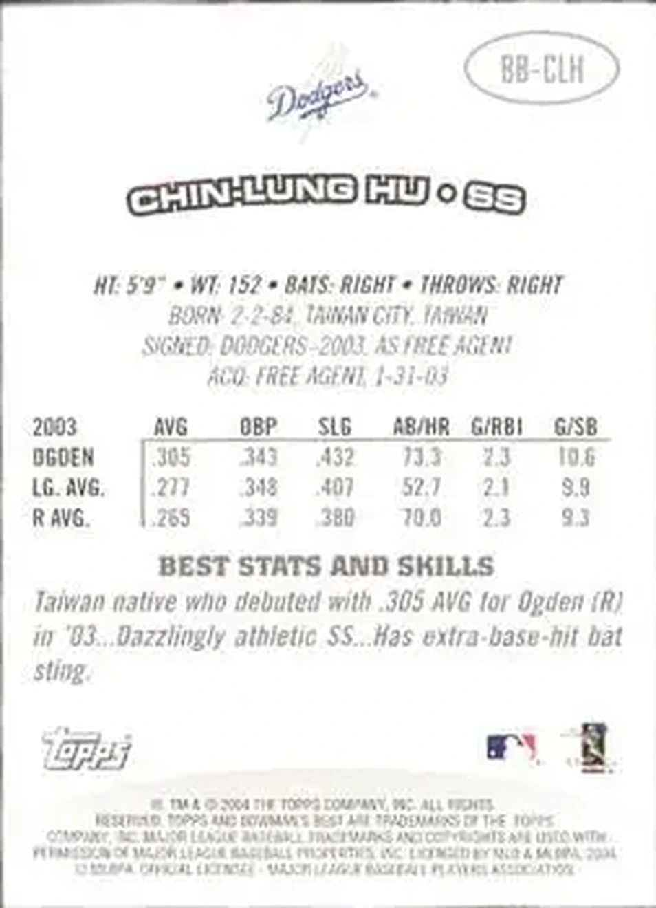 2004 Bowman's Best #BB-CLH - Chin-Lung Hu - Los Angeles Dodgers - Back