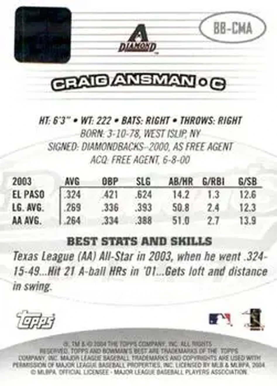 2004 Bowman's Best #BB-CMA - Craig Ansman - Arizona Diamondbacks - Back