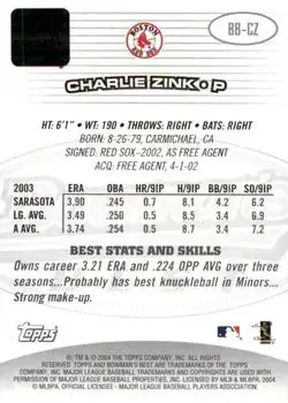2004 Bowman's Best #BB-CZ - Charlie Zink - Boston Red Sox - Back