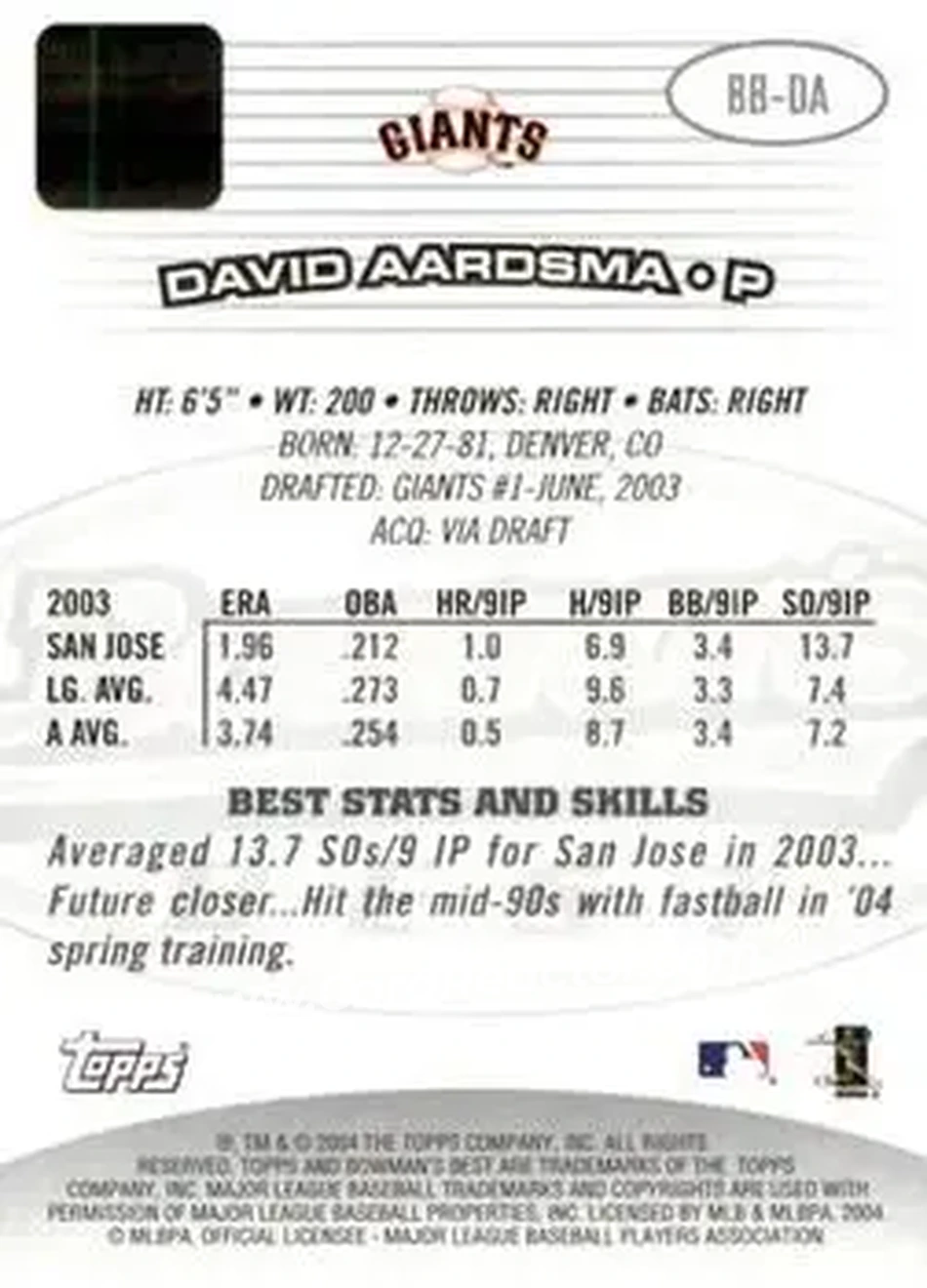 2004 Bowman's Best #BB-DA - David Aardsma - San Francisco Giants - Back