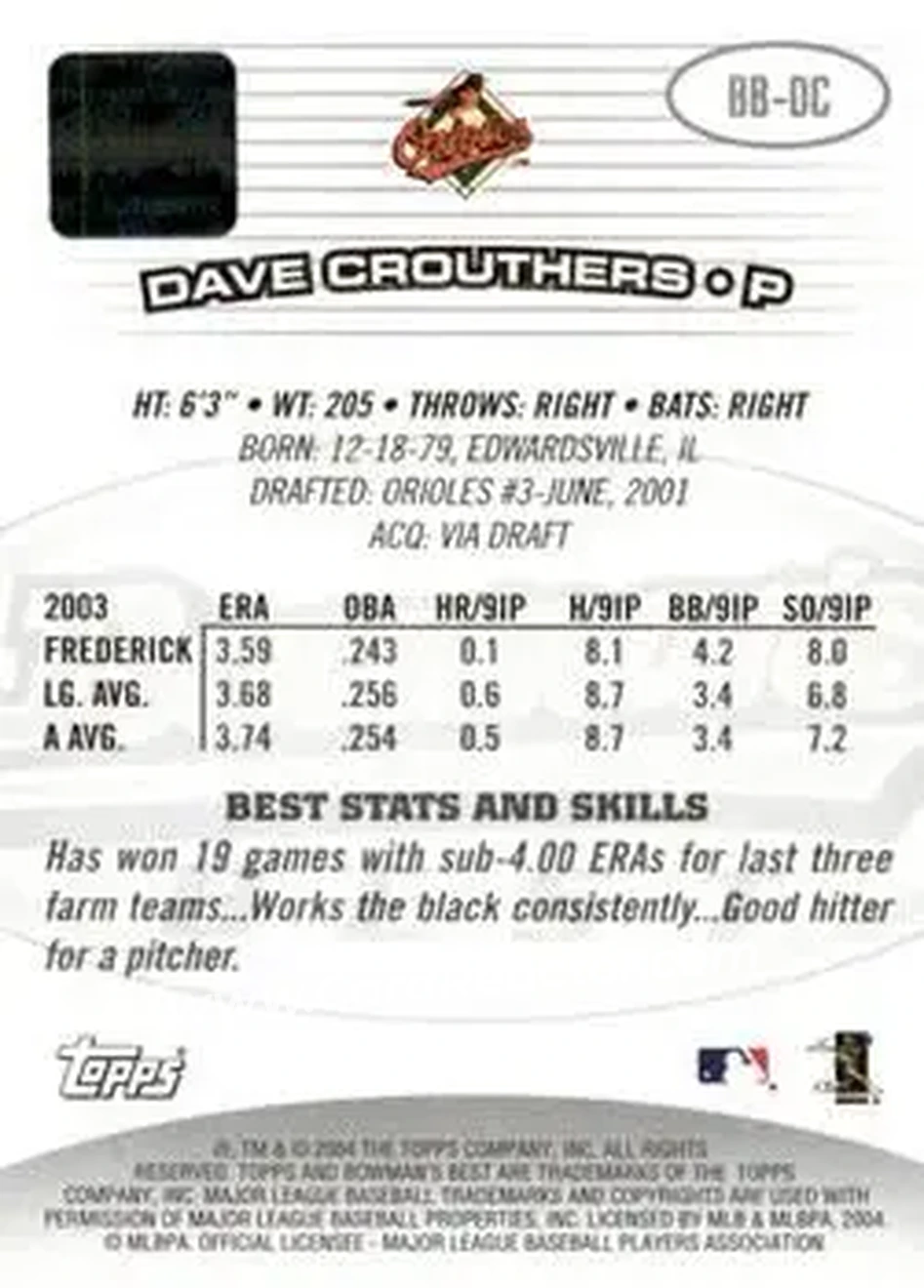 2004 Bowman's Best #BB-DC - Dave Crouthers - Baltimore Orioles - Back